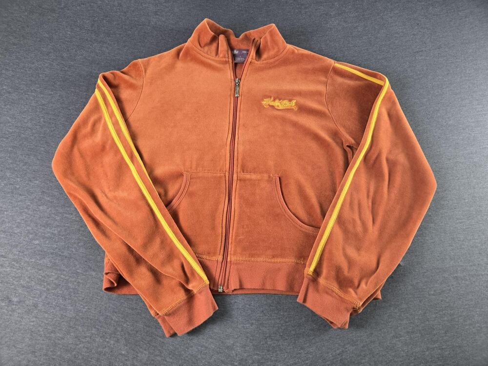 Vtg Hale Bob Track Jacket Womens Large Orange Velour Full Zip Stripe Pockets Y2K